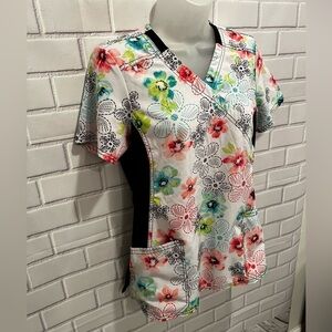 IFLEX CHEROKEE women v-neck short sleeve black-white floral scrubs top/size XS